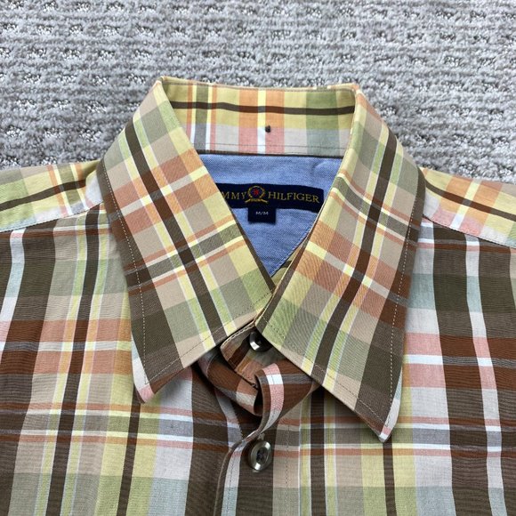 Tommy Hilfiger Shirt Men Medium M Brown Yellow Plaid Button Up Pocket Casual - Picture 3 of 11